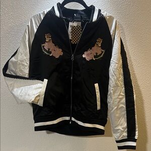 Vans Black and White Bomber Jacket with Floral Embroidery